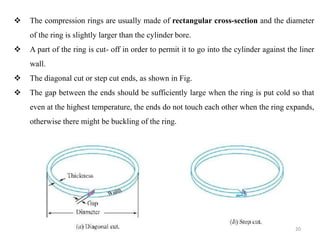  The compression rings are usually made of rectangular cross-section and the diameter
of the ring is slightly larger than the cylinder bore.
 A part of the ring is cut- off in order to permit it to go into the cylinder against the liner
wall.
 The diagonal cut or step cut ends, as shown in Fig.
 The gap between the ends should be sufficiently large when the ring is put cold so that
even at the highest temperature, the ends do not touch each other when the ring expands,
otherwise there might be buckling of the ring.
20
 