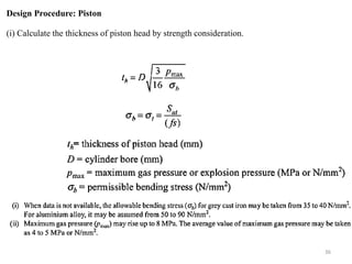 Design Procedure: Piston
(i) Calculate the thickness of piston head by strength consideration.
36
 