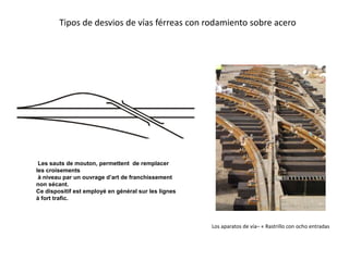 Les sauts de mouton, permettent de remplacer
les croisements
à niveau par un ouvrage d’art de franchissement
non sécant.
Ce dispositif est employé en général sur les lignes
à fort trafic.
Tipos de desvios de vías férreas con rodamiento sobre acero
Los aparatos de vía– « Rastrillo con ocho entradas
 