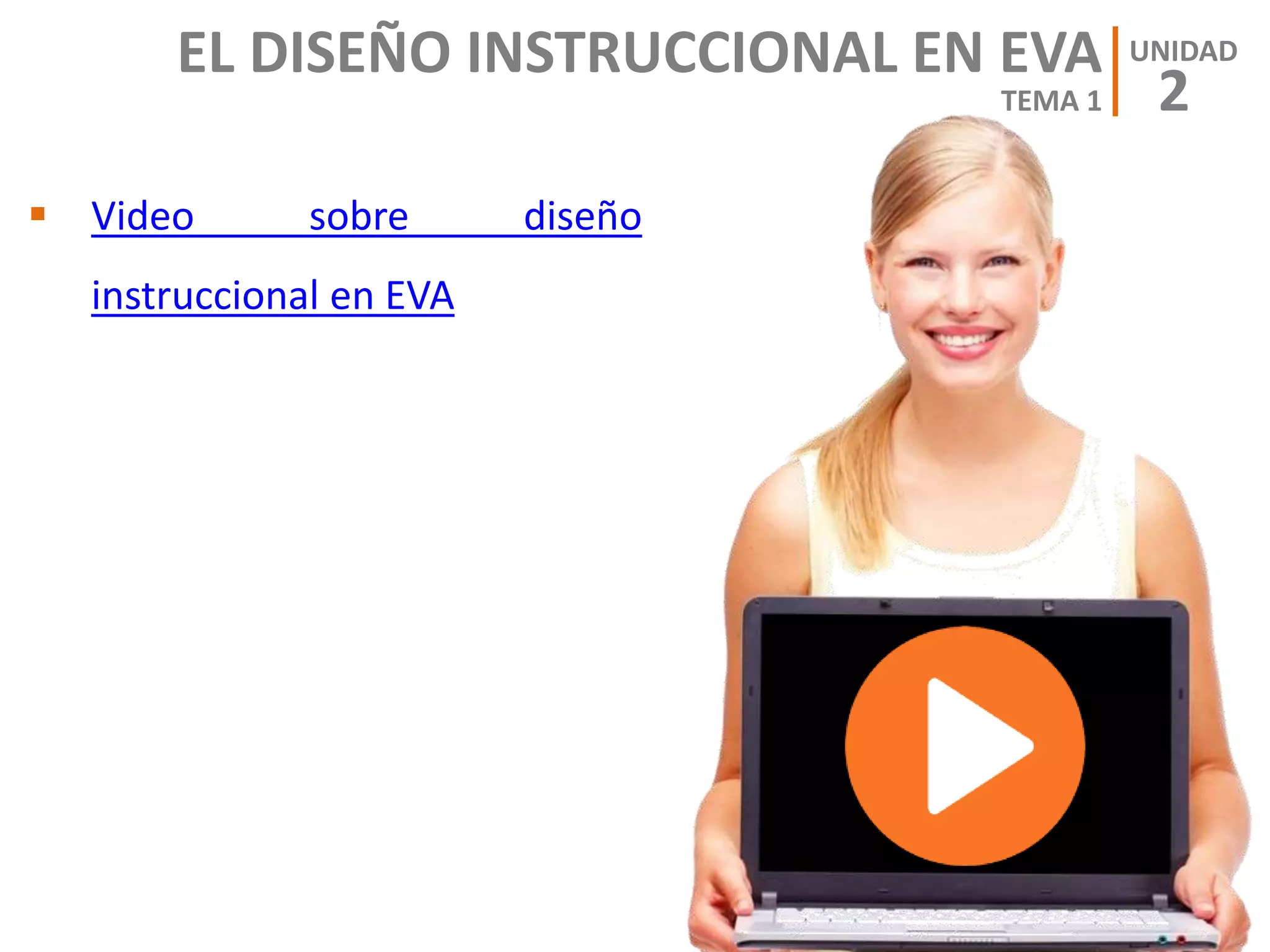 EL DISEÑO INSTRUCCIONAL EN EVA
2
UNIDAD
TEMA 1
 Video sobre diseño
instruccional en EVA
 