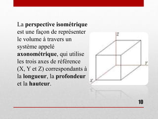 10
La perspective isométrique
est une façon de représenter
le volume à travers un
système appelé
axonométrique, qui utilise
les trois axes de référence
(X, Y et Z) correspondants à
la longueur, la profondeur
et la hauteur.
 