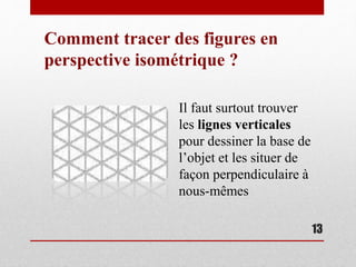 13
Comment tracer des figures en
perspective isométrique ?
Il faut surtout trouver
les lignes verticales
pour dessiner la base de
l’objet et les situer de
façon perpendiculaire à
nous-mêmes
 