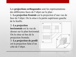 5
Les projections orthogonales sont les représentations
des différentes faces de l’objet sur le plan :
1- La projection frontale est la projection d’une vue de
face de l’objet. On la situe à la partie supérieure gauche
de la feuille.
2- La projection
horizontale est la vue de
dessus sur le plan horizontal.
On la situe en bas de la
projection frontale.
3- La projection de profil
est la projection faite d’un
côté de l’objet.
 