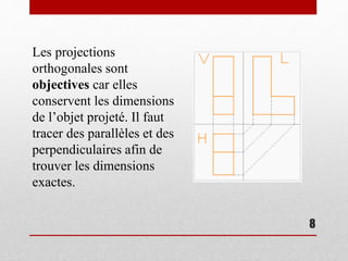 8
Les projections
orthogonales sont
objectives car elles
conservent les dimensions
de l’objet projeté. Il faut
tracer des parallèles et des
perpendiculaires afin de
trouver les dimensions
exactes.
 