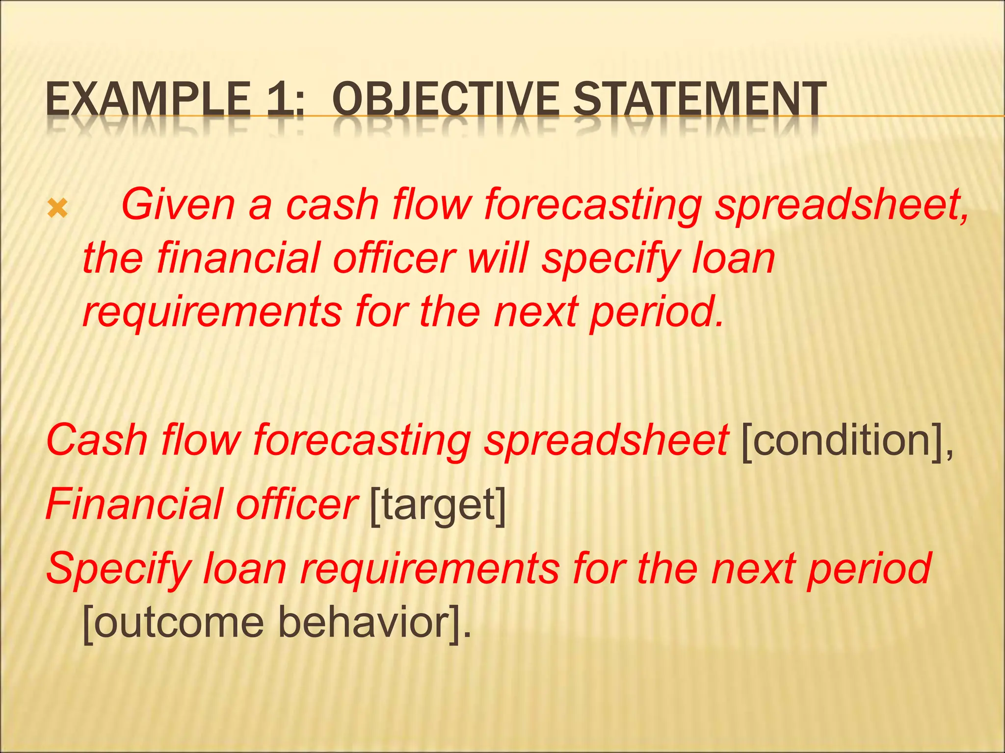 EXAMPLE 1: OBJECTIVE STATEMENT
 Given a cash flow forecasting spreadsheet,
the financial officer will specify loan
requirements for the next period.
Cash flow forecasting spreadsheet [condition],
Financial officer [target]
Specify loan requirements for the next period
[outcome behavior].
 