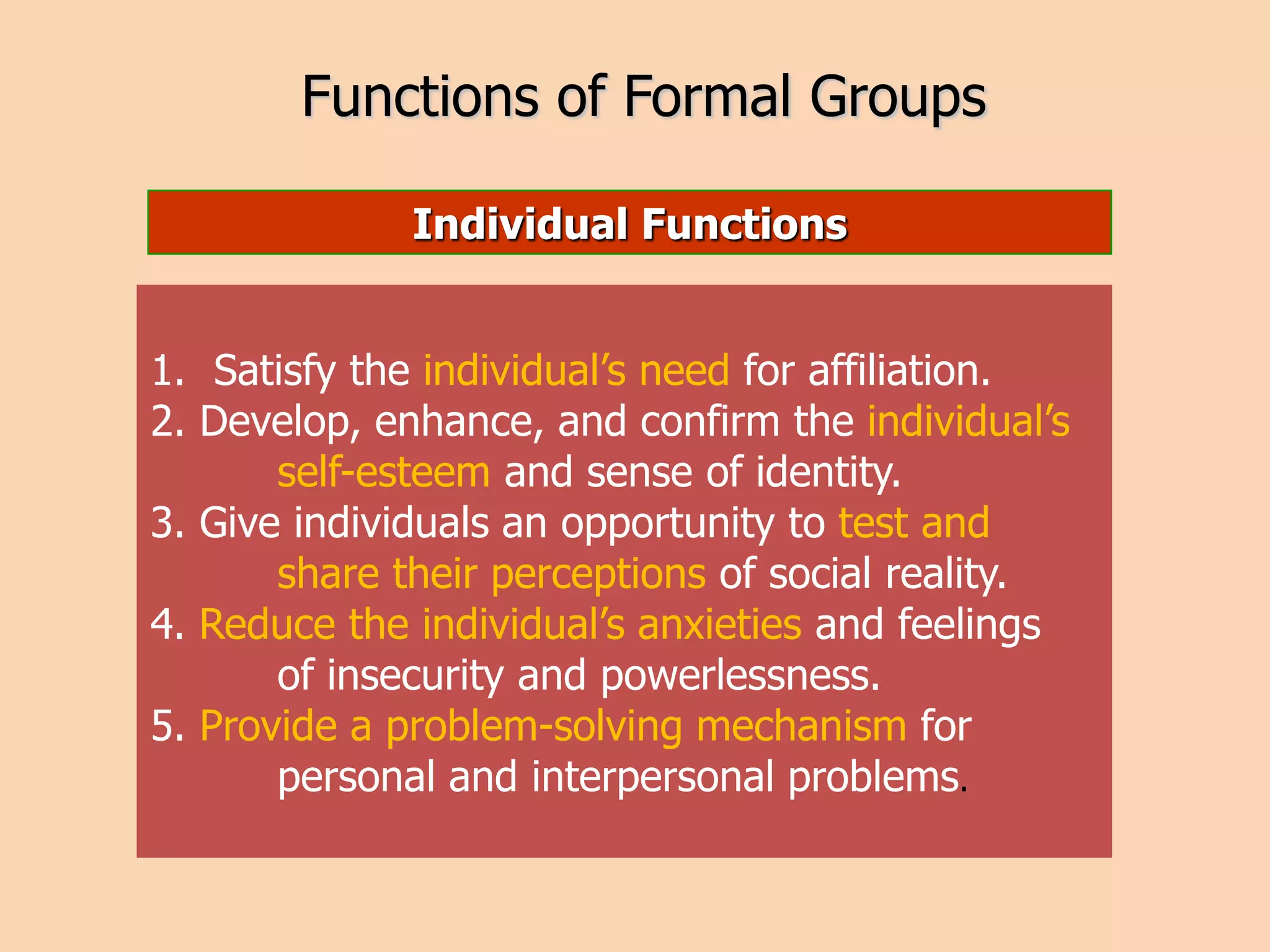 Functions of Formal Groups
Individual Functions
1. Satisfy the individual’s need for affiliation.
2. Develop, enhance, and confirm the individual’s
self-esteem and sense of identity.
3. Give individuals an opportunity to test and
share their perceptions of social reality.
4. Reduce the individual’s anxieties and feelings
of insecurity and powerlessness.
5. Provide a problem-solving mechanism for
personal and interpersonal problems.
 