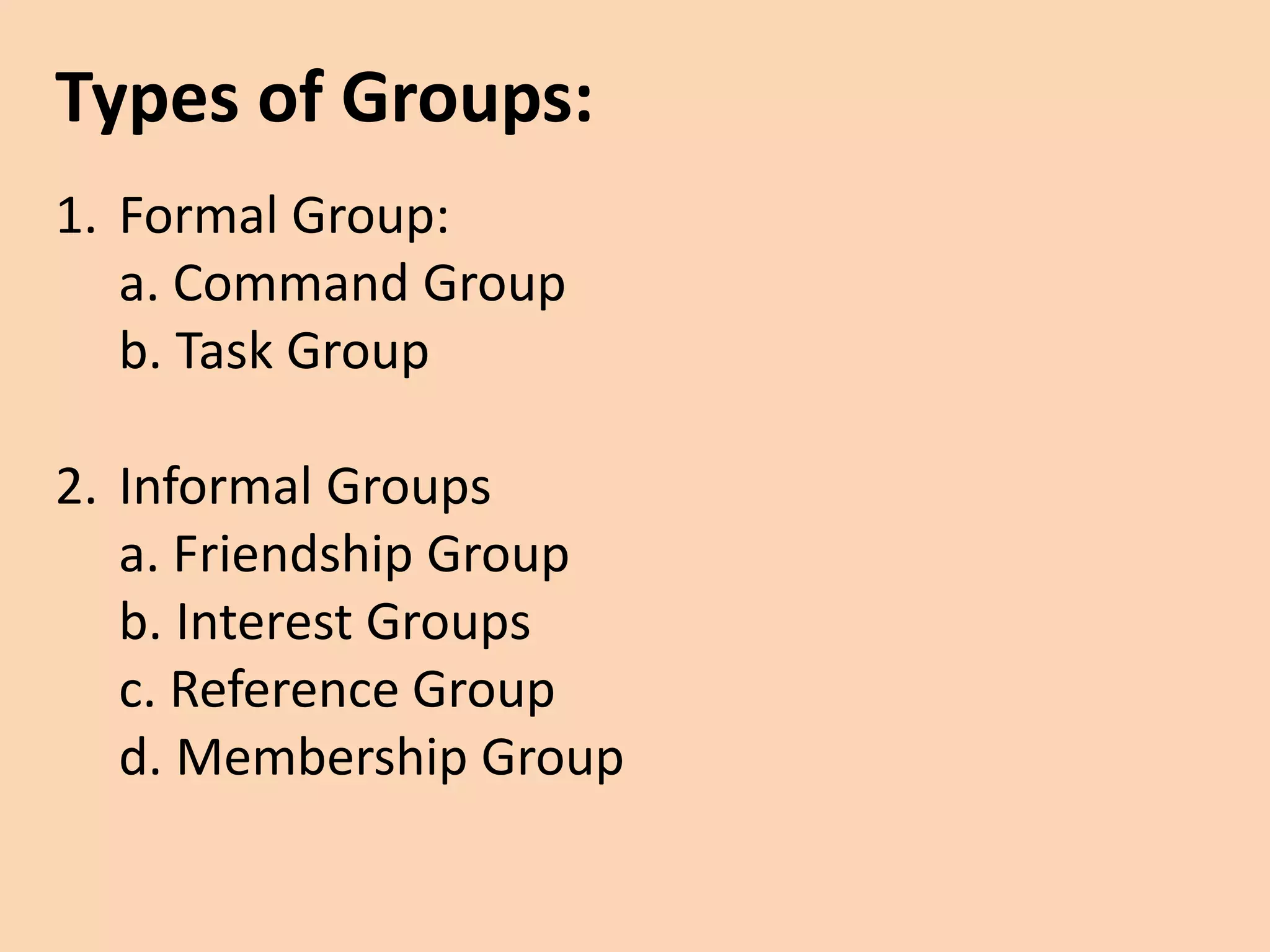 Types of Groups:
1. Formal Group:
a. Command Group
b. Task Group
2. Informal Groups
a. Friendship Group
b. Interest Groups
c. Reference Group
d. Membership Group
 