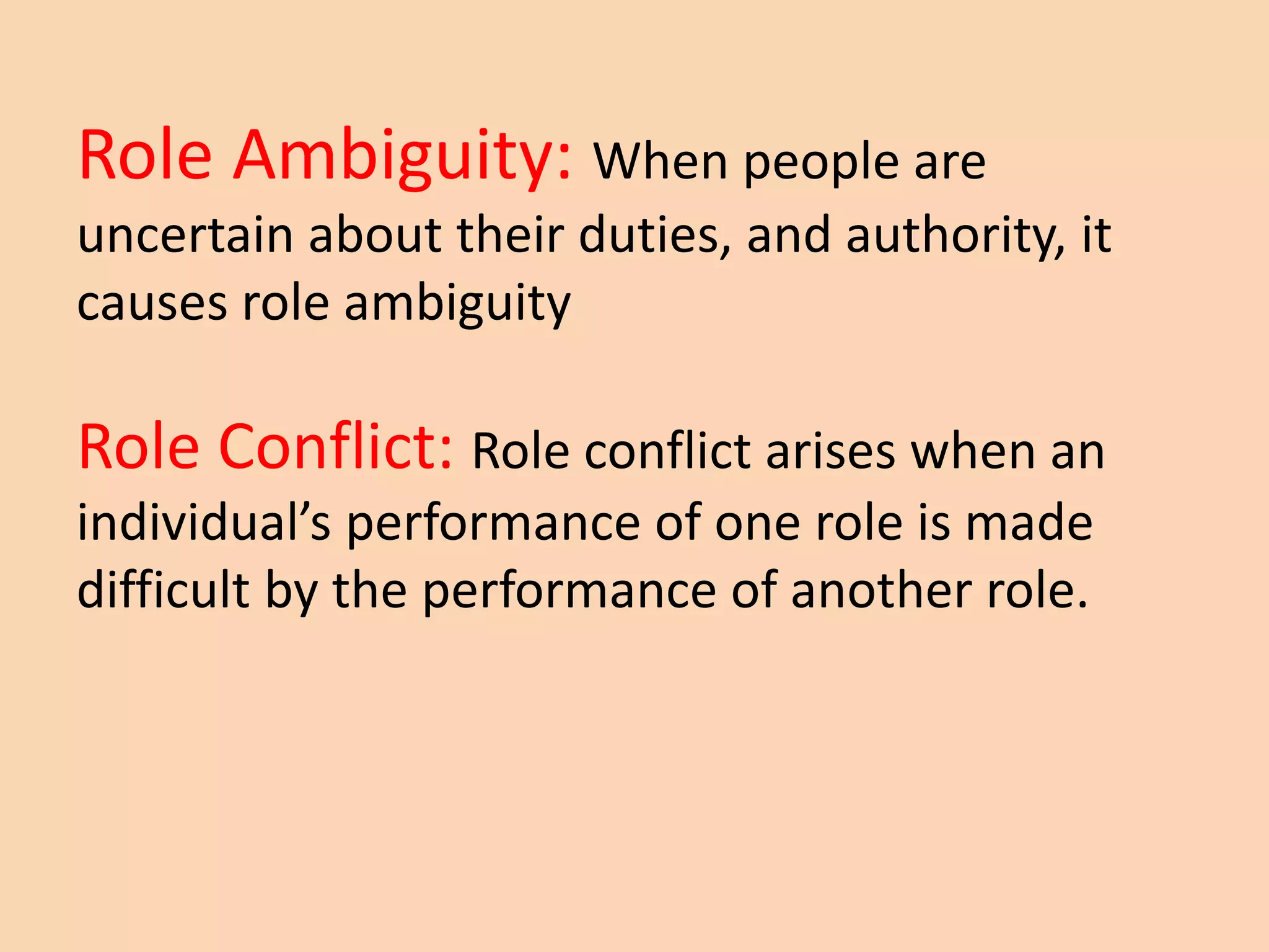 Role Ambiguity: When people are
uncertain about their duties, and authority, it
causes role ambiguity
Role Conflict: Role conflict arises when an
individual’s performance of one role is made
difficult by the performance of another role.
 