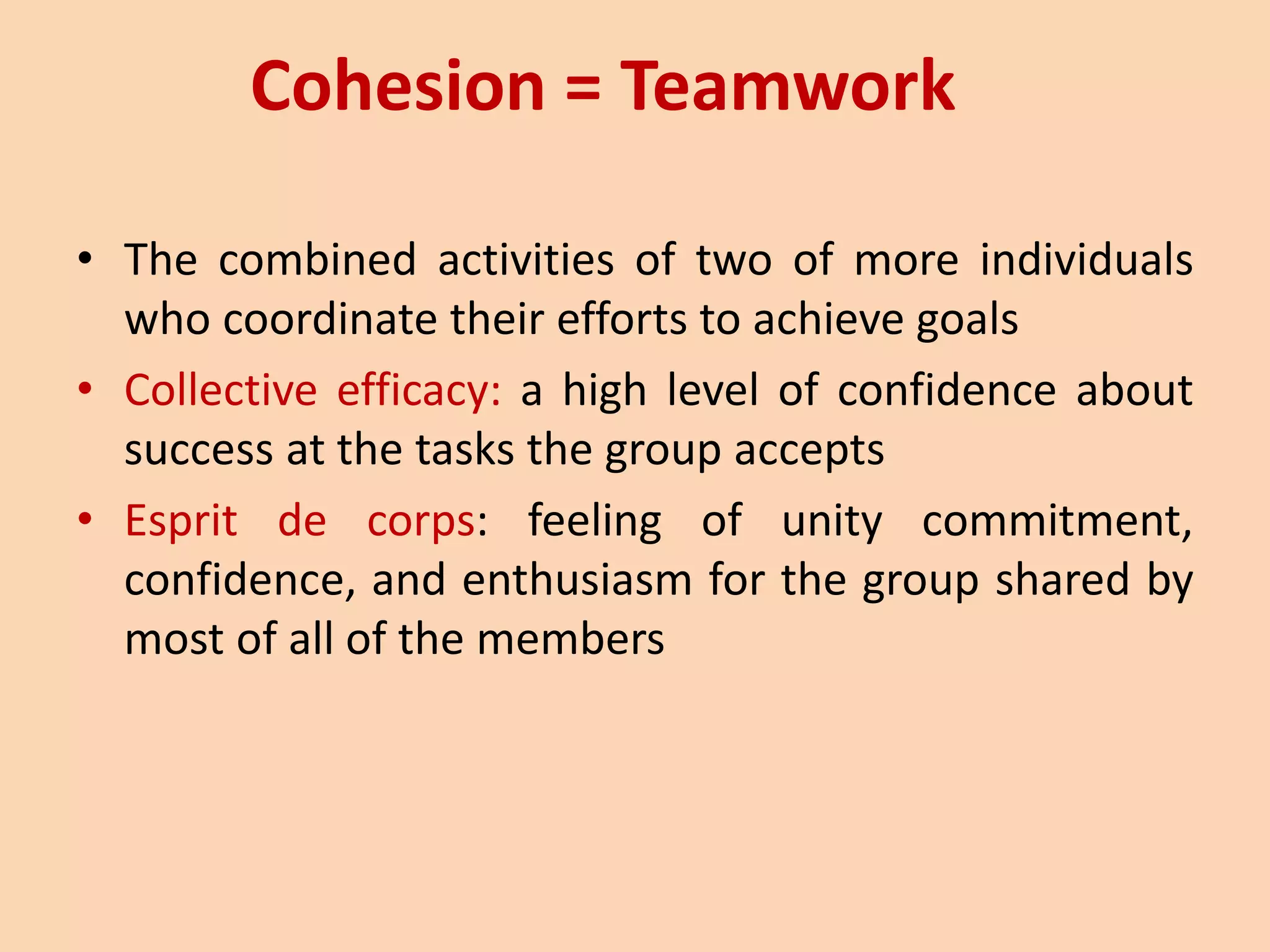 Cohesion = Teamwork
• The combined activities of two of more individuals
who coordinate their efforts to achieve goals
• Collective efficacy: a high level of confidence about
success at the tasks the group accepts
• Esprit de corps: feeling of unity commitment,
confidence, and enthusiasm for the group shared by
most of all of the members
 