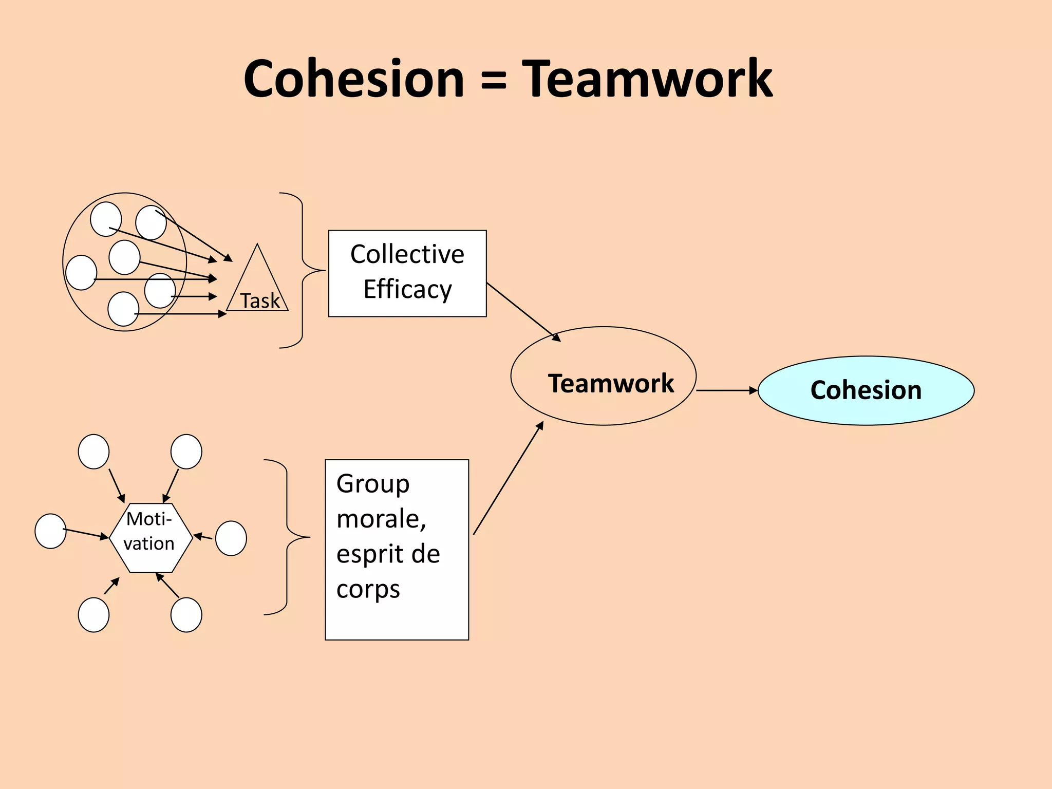 Cohesion
Group
morale,
esprit de
corps
Teamwork
Collective
EfficacyTask
Moti-
vation
Cohesion = Teamwork
 