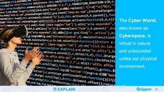ENGAG EXPLOR
EXPLAIN EXTEND
EVALUAT
The Cyber World,
also known as
Cyberspace, is
virtual in nature
and unbounded
unlike our physical
environment.
13
 