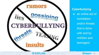 ENGAG EXPLOR
EXPLAIN EXTEND
EVALUAT
Cyberbullying
● an online act of
humiliation
and/or threats
that is done
with and by
children and
teenagers
23
23
 