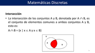 Intersección
• La intersección de los conjuntos A y B, denotada por A  B, es
el conjunto de elementos comunes a ambos conjuntos A y B,
esto es:
A  B = {x | x  A y x  B}
24
U
A
B
Matemáticas Discretas
 