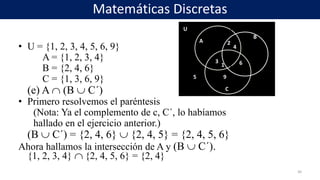 • U = {1, 2, 3, 4, 5, 6, 9}
A = {1, 2, 3, 4}
B = {2, 4, 6}
C = {1, 3, 6, 9}
(e) A  (B  C´)
• Primero resolvemos el paréntesis
(Nota: Ya el complemento de c, C´, lo habíamos
hallado en el ejercicio anterior.)
(B  C´) = {2, 4, 6}  {2, 4, 5} = {2, 4, 5, 6}
Ahora hallamos la intersección de A y (B  C´).
{1, 2, 3, 4}  {2, 4, 5, 6} = {2, 4}
30
U
A
B
C
1
2
3
4
5
6
9
U
A
B
C
1
2
3
4
5
6
9
Matemáticas Discretas
 