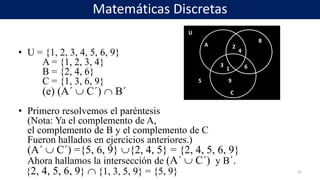• U = {1, 2, 3, 4, 5, 6, 9}
A = {1, 2, 3, 4}
B = {2, 4, 6}
C = {1, 3, 6, 9}
(e) (A´  C´)  B´
• Primero resolvemos el paréntesis
(Nota: Ya el complemento de A,
el complemento de B y el complemento de C
Fueron hallados en ejercicios anteriores.)
(A´  C´) ={5, 6, 9} {2, 4, 5} = {2, 4, 5, 6, 9}
Ahora hallamos la intersección de (A´  C´) y B´.
{2, 4, 5, 6, 9}  {1, 3, 5, 9} = {5, 9} 31
U
A
B
C
1
2
3
4
5
6
9
U
A
B
C
1
2
3
4
5
6
9
Matemáticas Discretas
 