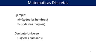 Ejemplo:
M={todos los hombres}
F={todas las mujeres}
Conjunto Universo
U={seres humanos}
9
Matemáticas Discretas
 