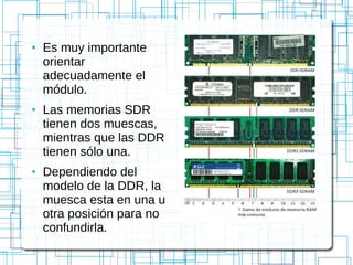 ● Es muy importante
orientar
adecuadamente el
módulo.
● Las memorias SDR
tienen dos muescas,
mientras que las DDR
tienen sólo una.
● Dependiendo del
modelo de la DDR, la
muesca esta en una u
otra posición para no
confundirla.
 