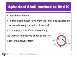 Spherical Shell method to find K
 Radial flow of heat
 In this method heat flows from the inner side towards the
other side along the radius of the shell.
 This method is useful in determining
the thermal conductivity of bad conductors
taken in the powder form.
30
Sri Ramakrishna College of Arts and Science
r1
r2
A
θ1
θ
θ2
B
dr
Θ+dθ
 