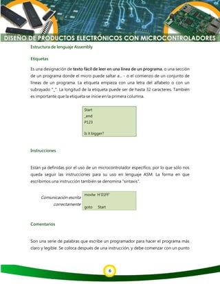 6
Estructura de lenguaje Assembly
Etiquetas
Es una designación de texto fácil de leer en una línea de un programa, o una sección
de un programa donde el micro puede saltar a... - o el comienzo de un conjunto de
líneas de un programa. La etiqueta empieza con una letra del alfabeto o con un
subrayado "_". La longitud de la etiqueta puede ser de hasta 32 caracteres. También
es importante que la etiqueta se inicie en la primera columna.
Start
_end
P123
Is it bigger?
Instrucciones
Están ya definidas por el uso de un microcontrolador específico, por lo que sólo nos
queda seguir las instrucciones para su uso en lenguaje ASM. La forma en que
escribimos una instrucción también se denomina "sintaxis".
Comunicación escrita
correctamente
movlw H`01FF`
goto Start
Comentarios
Son una serie de palabras que escribe un programador para hacer el programa más
claro y legible. Se coloca después de una instrucción, y debe comenzar con un punto
 