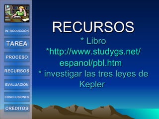 RECURSOS * Libro * http :// www.studygs.net / espanol / pbl.htm   * investigar las tres leyes de Kepler  INTRODUCCIÓN TAREA PROCESO RECURSOS EVALUACIÓN CONCLUSIONES CRÉDITOS 