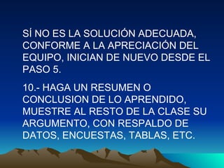 SÍ NO ES LA SOLUCIÓN ADECUADA, CONFORME A LA APRECIACIÓN DEL EQUIPO, INICIAN DE NUEVO DESDE EL PASO 5. 10.- HAGA UN RESUMEN O CONCLUSION DE LO APRENDIDO, MUESTRE AL RESTO DE LA CLASE SU ARGUMENTO, CON RESPALDO DE DATOS, ENCUESTAS, TABLAS, ETC. 