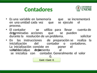 Contadores
• Es una variable en lamemoria que se incrementará
en una unidad cada vez que se ejecute el
proceso.
• El contador se utiliza para llevar
la
cuenta de
solicitar
determinadas acciones que se pueden
durante la resolución de un problema.
• En las instrucciones de preparación se realiza la
inicialización del contador o contadores.
La inicialización consiste en poner el
valor inicial de la
variable que
se inicializa con
representa al
contador. Generalmente el valor
0.
Cont = Cont +1
 