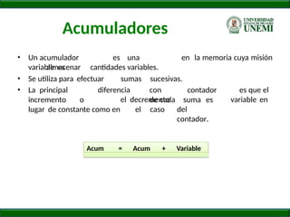 Acumuladores
• Un acumulador es una
variable es
en la memoria cuya misión
almacenar cantidades variables.
• Se utiliza para efectuar
• La principal
sumas sucesivas.
contador es que el
variable en
incremento o
diferencia con
el decremento
de cada suma es
del
contador.
lugar de constante como en el caso
Acum = Acum + Variable
 