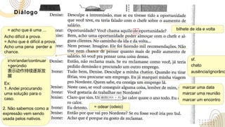 Diálogo
marcar uma data
marcar uma reunião
= acho que é uma ...
ir/vir/andar/continuar
+gerúndio
表示动作持续逐渐发
展
marcar um encontro
Acho difícil a prova.
= Acho que é difícil a prova.
Acho uma pena perder a
chance.
Ex:
1. Andei procurando
uma solução para o
caso.
2. Não sabemos como a
expressão vem sendo
usada pelos nativos.
bilhete de ida e volta
= odear (odeio)
sf.
chato
ausência/ignorânc
 