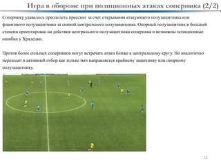 12
Сопернику удавалось преодолеть прессинг за счет открывания атакующего полузащитника или
флангового полузащитника за спиной центрального полузащитника. Опорный полузащитник в большей
степени ориентирован на действия центрального полузащитника соперника и возможны позиционные
ошибки у Храдецки.
Против более сильных соперников могут встречать атаки ближе к центральному кругу. Но аналогично
переходят в активный отбор как только мяч направляется крайнему защитнику или опорному
полузащитнику.
Игра в обороне при позиционных атаках соперника (2/2)
 
