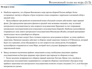 21
По игре в атаке
 Наиболее вероятно, что сборная Финляндии в игре против сборной России выберет более
осторожную тактику в обороне и будет встречать атаки соперника с переходом в активный отбор в
средней зоне.
• Целесообразно при развитии позиционной атаки в большей степени действовать через правый
фланг. Для преодоления прессинга финнов в средней зоне возможно насыщать зону за спиной
центрального полузащитника (в зоне опорного полузащитника Храдецки) за счет открывания
центральных полузащитников (или атакующего полузащитника сборной). Наиболее целесообразно
открываться в зоне левого центрального полузащитника Финляндии (Ягуби), который проигрывает
значительное число единоборств в обороне.
• При развитии атаки следует быть готовым открыться далее рывком на фланг, за спину крайнего
защитника. Наименее надежно действует в обороне левый защитник Анямеле и О’Шоннесси, который
будет его страховать легко обыгрывается за счет скорости или смены ритма. В штрафной
целесообразно открываться из зоны Меро, который часто упускает форвардов в штрафной при
персональной опеке.
 Ввиду активного включения крайних защитников в атаку необходимо нацеливать крайних
полузащитников на быстрые прорывы через фланги при переходе из обороны в атаку.
• Более медленно возвращается в оборону правый защитник Хаттака. Кроме того, инсайды и
центральные полузащитники задерживаются с возвратом обороны и включения в быструю атаку
крайнего защитника или центрального полузащитника позволит создать ситуацию 2-в-1, если быстрая
контратака не удалась.
Возможный план на игру (1/2)
 