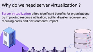 Why do we need server virtualization ?
Server virtualization offers significant benefits for organizations
by improving resource utilization, agility, disaster recovery, and
reducing costs and environmental impact.
 