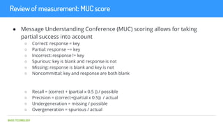 BASIS TECHNOLOGY
Review of measurement: MUC score
● Message Understanding Conference (MUC) scoring allows for taking
parti...