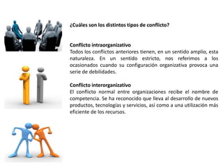 ¿Cuáles son los distintos tipos de conflicto? 
Conflicto intraorganizativo 
Todos los conflictos anteriores tienen, en un sentido amplio, esta 
naturaleza. En un sentido estricto, nos referimos a los 
ocasionados cuando su configuración organizativa provoca una 
serie de debilidades. 
Conflicto interorganizativo 
El conflicto normal entre organizaciones recibe el nombre de 
competencia. Se ha reconocido que lleva al desarrollo de nuevos 
productos, tecnologías y servicios, así como a una utilización más 
eficiente de los recursos. 
 