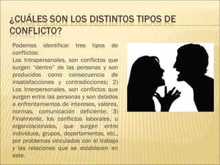 Podemos identificar tres tipos de
conflictos:
Los Intrapersonales, son conflictos que
surgen “dentro” de las personas y son
producidos como consecuencia de
insatisfacciones y contradicciones; 2)
Los Interpersonales, son conflictos que
surgen entre las personas y son debidos
a enfrentamientos de intereses, valores,
normas, comunicación deficiente; 3)
Finalmente, los conflictos laborales, u
organizacionales, que surgen entre
individuos, grupos, departamentos, etc.,
por problemas vinculados con el trabajo
y las relaciones que se establecen en
este.
 