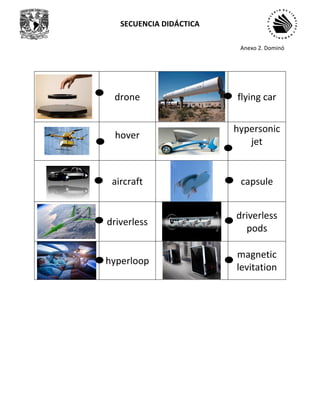 SECUENCIA DIDÁCTICA
drone flying car
hover
hypersonic
jet
aircraft capsule
driverless
driverless
pods
hyperloop
magnetic
levitation
Anexo 2. Dominó
 