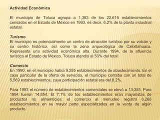 Actividad Económica

El municipio de Toluca agrupa a 1,383 de los 22,616 establecimientos
censados en el Estado de México en 1993, es decir, 6.2% de la planta industrial
estatal.

Turismo
El municipio es potencialmente un centro de atracción turístico por su volcán y
su centro histórico, así como la zona arqueológica de Calixtlahuaca.
Representa una actividad económica alta. Durante 1994, de la afluencia
turística al Estado de México, Toluca atendió al 53% del total.

Comercio
En 1990, en el municipio había 9,285 establecimientos de abastecimiento. En el
caso particular de la oferta de servicios, el municipio contaba con un total de
5,569 establecimientos, cuya participación estatal era del 8.2%.

Para 1993 el número de establecimientos comerciales se elevó a 13,355. Para
1994 fueron 14,854. El 7.1% de los establecimientos eran mayoristas de
productos no alimenticios; el comercio al menudeo registró 8,268
establecimientos en su mayor parte especializados en la venta de algún
producto.
 