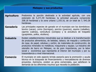 Metepec y sus productos


Agricultura   Predomina la porción destinada a la actividad agrícola, con una
              extensión de 5,271.59 hectáreas; la actividad pecuaria comprende
              208.18 hectáreas y la zona urbana 1,193.16, de un total de 7, 043.28
              hectáreas.
Ganadería     Las principales especies de ganado en el municipio son los domésticos:
              bovino (vacas), ovino (borregos), porcino (puercos), equino (caballos),
              caprino (cabras), conicultura (conejos) y la avicultura de traspatio
              (guajolotes, pollos, etcétera).
Industria     Existen establecimientos industriales que se dedican a la transformación
              de productos alimenticios, de bebidas, tabaco; de maquila y confección
              de ropa; de papel, celulosa y cartón; de materiales de construcción; de
              productos minerales no metálicos; maquinaria y equipo. La industria del
              utensilio de barro en Metepec, es de gran importancia, por la labor
              social y económica que representa al interior del municipio y por su
              trascendencia a nivel internacional.
Comercio      El municipio en este aspecto brinda asesoría para la promoción y ayuda
              técnica en la búsqueda de financiamiento y mercadotecnia de diversos
              proyectos. Asimismo, existen ya giros comerciales, que satisfacen la
              demanda de los diferentes insumos que necesita la población.
 