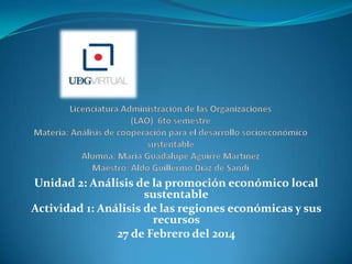 Unidad 2: Análisis de la promoción económico local
sustentable
Actividad 1: Análisis de las regiones económicas y sus
recursos
27 de Febrero del 2014

 