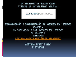 UNIVERSIDAD DE GUADALAJARA
SISTEMA DE UNIVERSIDAD VIRTUAL
ORGANIZACIÓN Y COORDINACIÓN DE EQUIPOS DE TRABAJO
UNIDAD 2
EL CONFLICTO Y LOS EQUIPOS DE TRABAJO
ACTIVIDAD 1
ASESORA:
LILIANA YAZMÍN GUTIÉRREZ HERNÁNDEZ
ADRIANA PÉREZ ISAAC
213355584
 