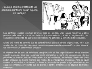 ¿Cuáles son los efectos de un
conflicto al interior de un equipo
de trabajo?
Los conflictos pueden producir diversos tipos de efectos, unos casos negativos y otros
positivos relacionados con el rendimiento y encausamiento que de la organización, por
supuesto dependiendo de qué tipo de conflicto se ha generado y como ha sido encausado.
Existe una forma de conflicto que se considera muy positivo para la organización, en el cual
se discute y se presentan ideas para mejorar un proceso en la organización, o para alcanzar
los objetivos de un determinado proyecto.
El objetivo no es que los conflictos desaparezcan de las organizaciones, estos siempre
estarán presente, sino que sepamos como manejarlos a partir del conocimiento de las
personas de nuestro entorno, conociendo sus motivaciones, habilidades, emociones para
poder encausar de buena manera por medio de la inteligencia emocional. Pero de igual
manera si lo conflictos no tienen un buen encausamiento, puede surgir desorden en los
equipos de trabajo provocando que se pierda el control olvidándose del objetivo del trabajo
en equipo.
 