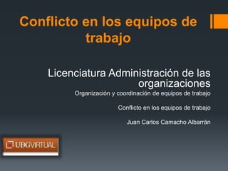 Conflicto en los equipos de
trabajo
Licenciatura Administración de las
organizaciones
Organización y coordinación de equipos de trabajo
Conflicto en los equipos de trabajo
Juan Carlos Camacho Albarrán
 
