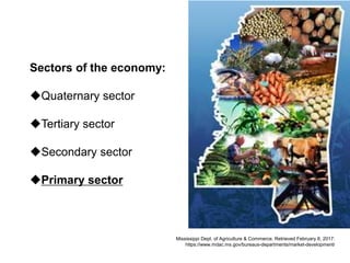 Sectors of the economy:
Quaternary sector
Tertiary sector
Secondary sector
Primary sector
Mississippi Dept. of Agriculture & Commerce. Retrieved February 8, 2017:
https://www.mdac.ms.gov/bureaus-departments/market-development/
 