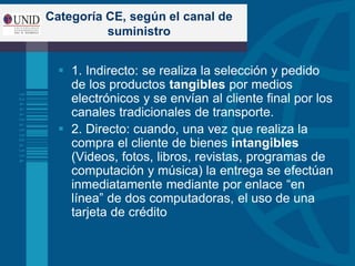 Categoría CE, según el canal de
suministro
 1. Indirecto: se realiza la selección y pedido
de los productos tangibles por medios
electrónicos y se envían al cliente final por los
canales tradicionales de transporte.
 2. Directo: cuando, una vez que realiza la
compra el cliente de bienes intangibles
(Videos, fotos, libros, revistas, programas de
computación y música) la entrega se efectúan
inmediatamente mediante por enlace “en
línea” de dos computadoras, el uso de una
tarjeta de crédito
 