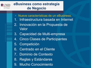 eBusiness como estrategia
de Negocio
 Nueve características de un eBusiness.
1. Infraestructura basada en Internet
2. Innovación en la Propuesta de
Valor
3. Capacidad de Multi-empresa
4. Cinco Clases de Participantes
5. Competición
6. Centrado en el Cliente
7. Dominio de Contexto
8. Reglas y Estándares
9. Mucho Conocimiento
 