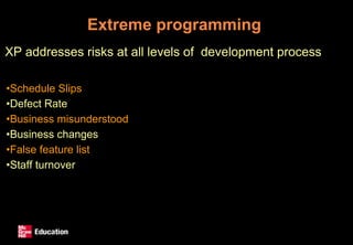 Extreme programming
XP addresses risks at all levels of development process
•Schedule Slips
•Defect Rate
•Business misunderstood
•Business changes
•False feature list
•Staff turnover
 