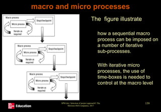 macro and micro processes
• The figure illustrate
• how a sequential macro
process can be imposed on
a number of iterative
sub-processes.
• With iterative micro
processes, the use of
time-boxes is needed to
control at the macro level
SPM (6e) Selection of project approach© The
McGraw-Hill Companies, 2017
139
 