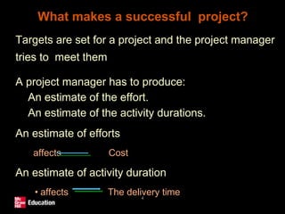 What makes a successful project?
• Targets are set for a project and the project manager
tries to meet them
• A project manager has to produce:
• An estimate of the effort.
• An estimate of the activity durations.
• An estimate of efforts
• affects Cost
• An estimate of activity duration
• affects The delivery time
4
 