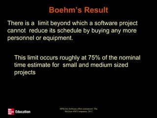 Boehm’s Result
• There is a limit beyond which a software project
cannot reduce its schedule by buying any more
personnel or equipment.
• This limit occurs roughly at 75% of the nominal
time estimate for small and medium sized
projects
SPM (6e) Software effort estimation© The
McGraw-Hill Companies, 2017
 