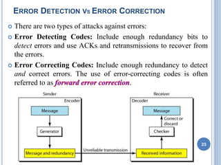 ERROR DETECTION VS ERROR CORRECTION
 There are two types of attacks against errors:
 Error Detecting Codes: Include enough redundancy bits to
detect errors and use ACKs and retransmissions to recover from
the errors.
 Error Correcting Codes: Include enough redundancy to detect
and correct errors. The use of error-correcting codes is often
referred to as .
23
 
