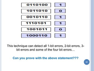 31
This technique can detect all 1-bit errors, 2-bit errors, 3-
bit errors and some of the four bit errors…
Can you prove with the above statement???
 